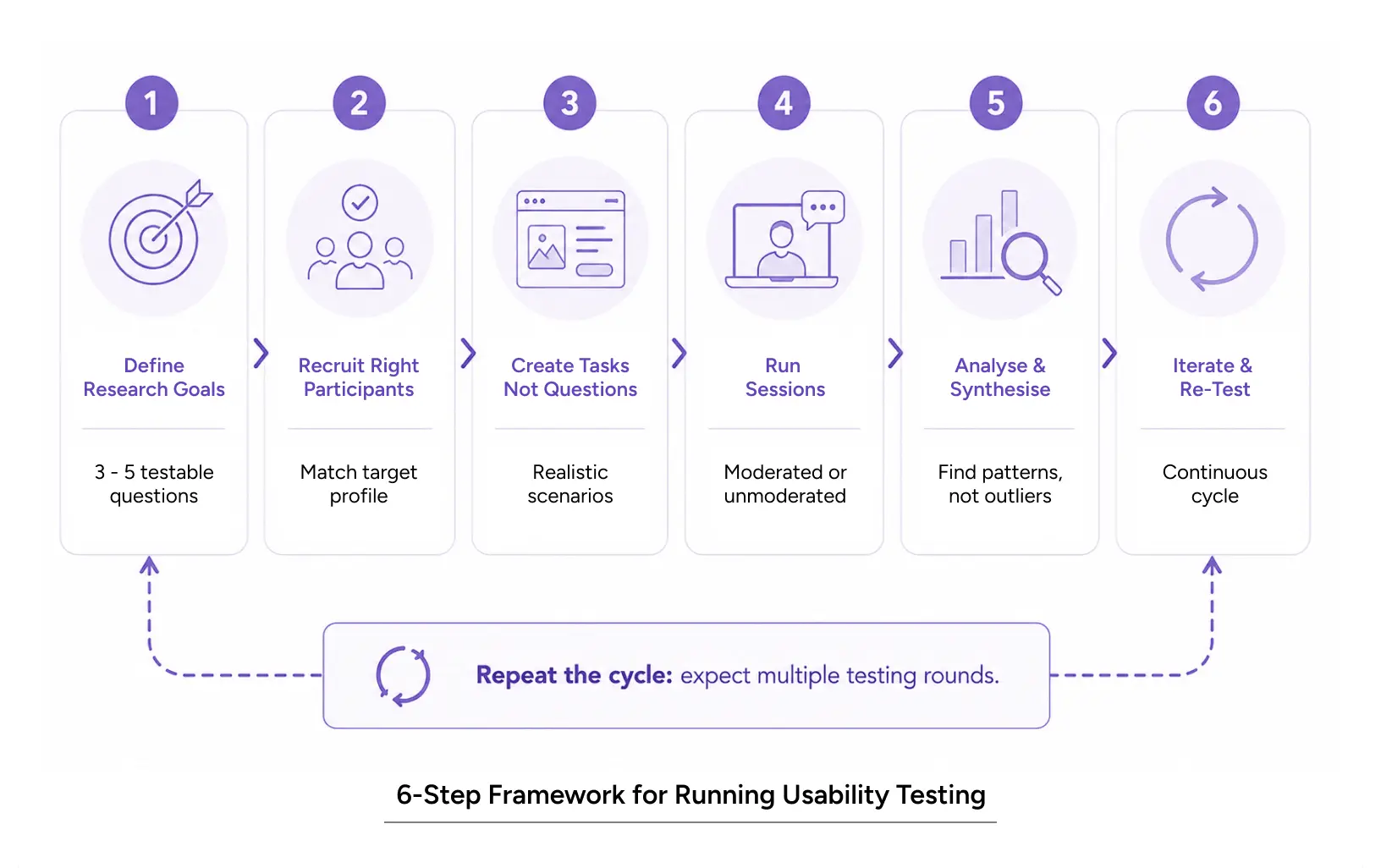 Six-step practical framework for conducting usability testing sessions and analyzing user research findings