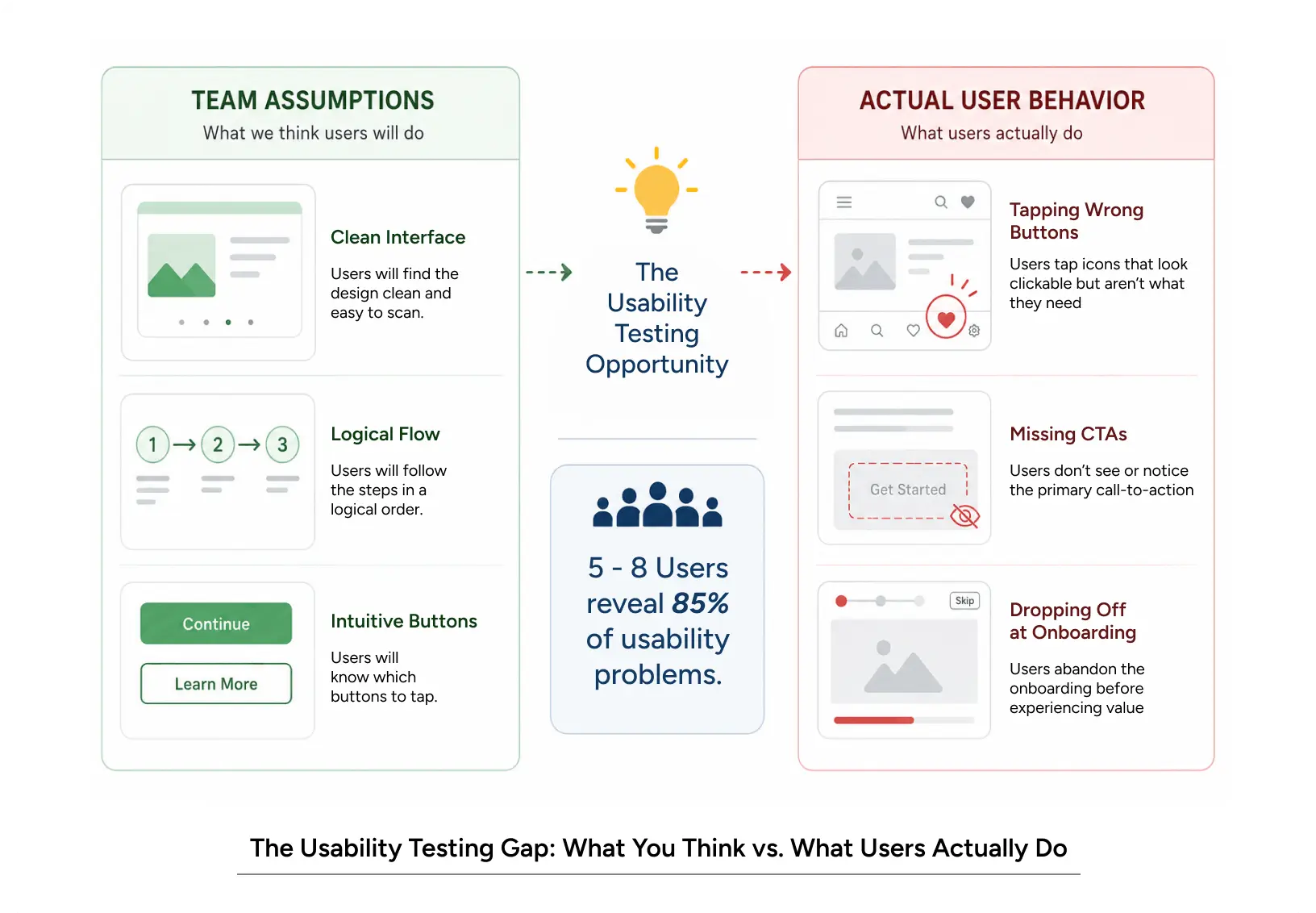 Usability testing gap visualization comparing product team assumptions about user behavior versus actual observed user interactions