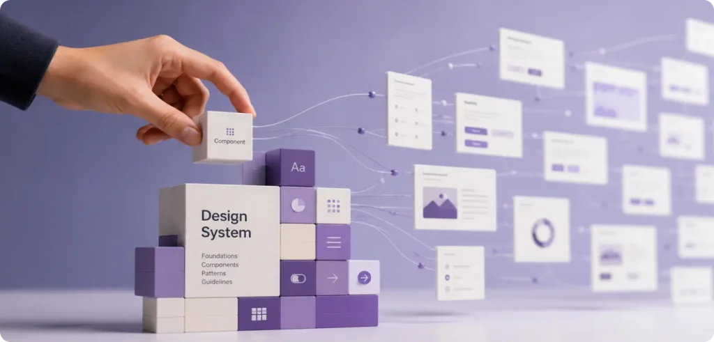 design system banner comparing inconsistent screens with a unified component library