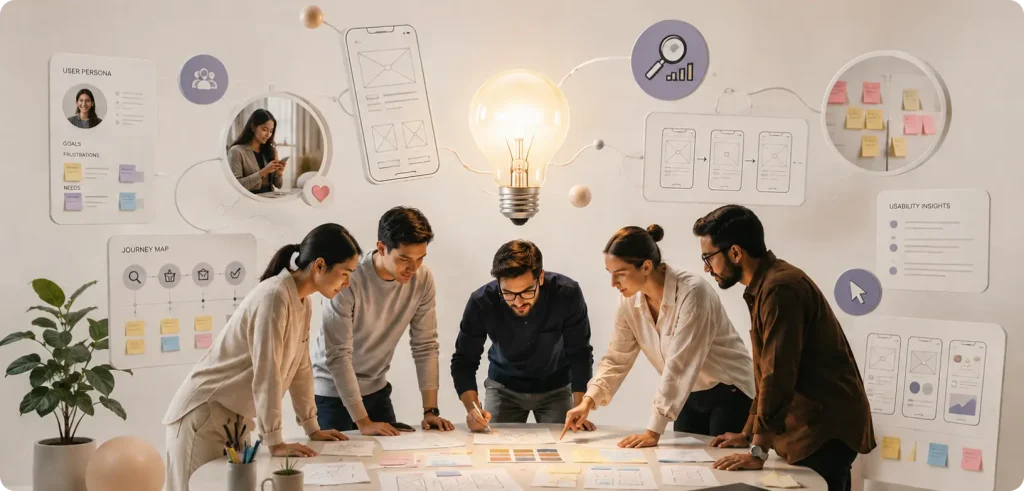 Team running a design thinking workshop to solve a product problem