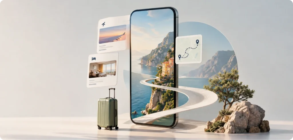 travel app design interface showing flight search results