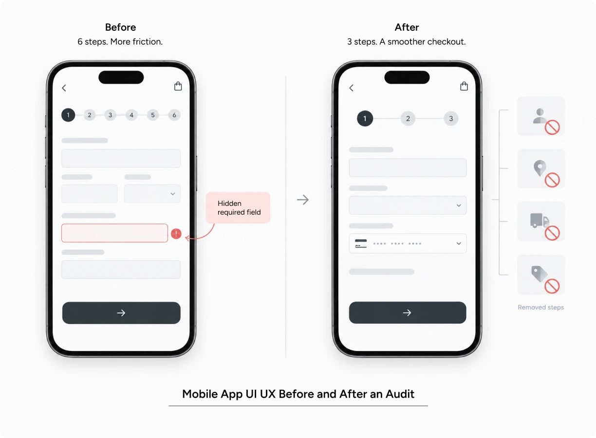mobile app UI UX before and after audit checkout flow comparison