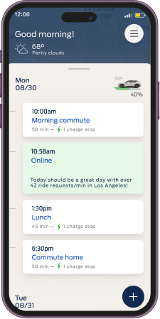 Driver schedule and charging plan screen