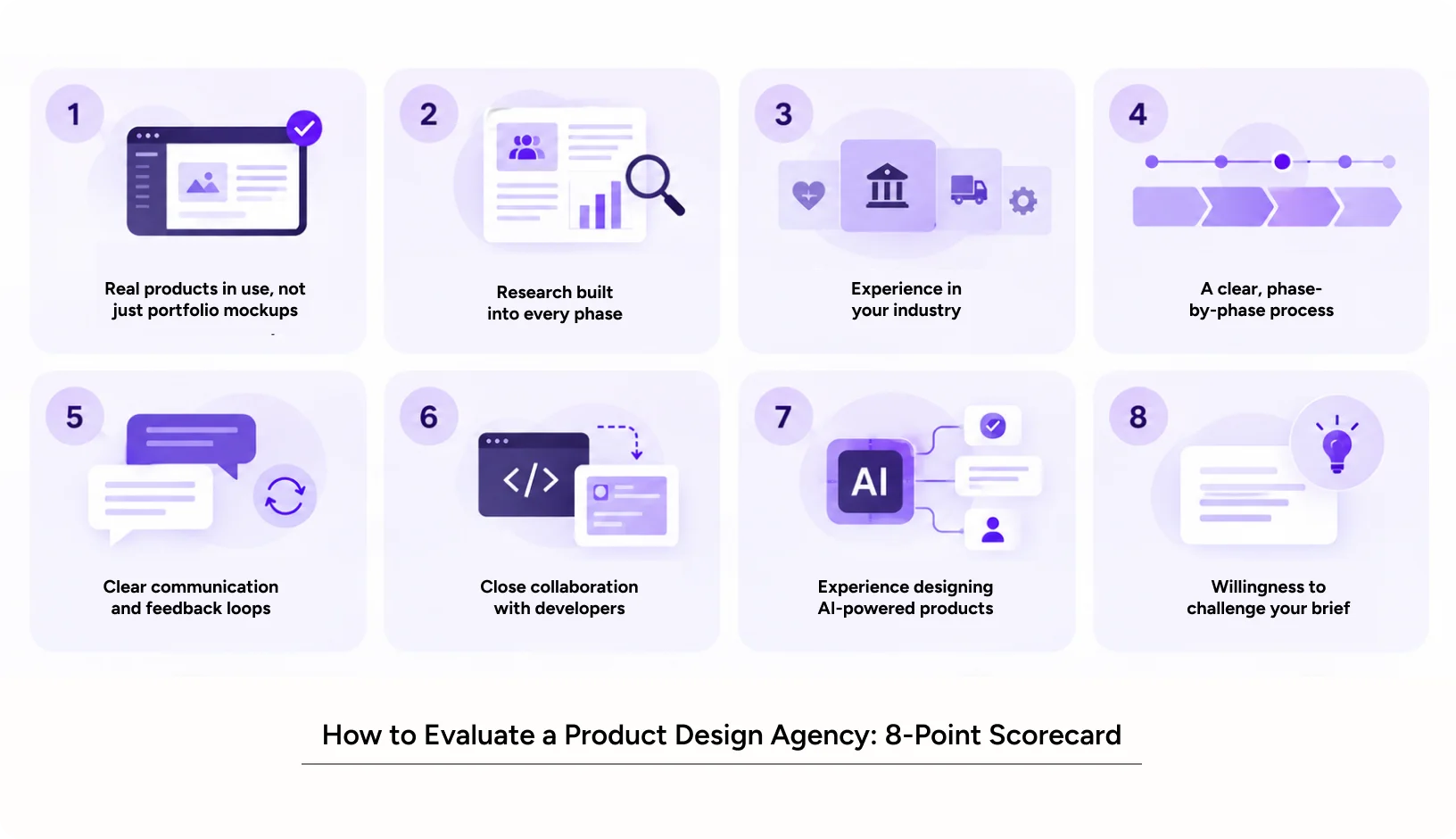 product design agency evaluation checklist with eight hiring criteria and rating scale