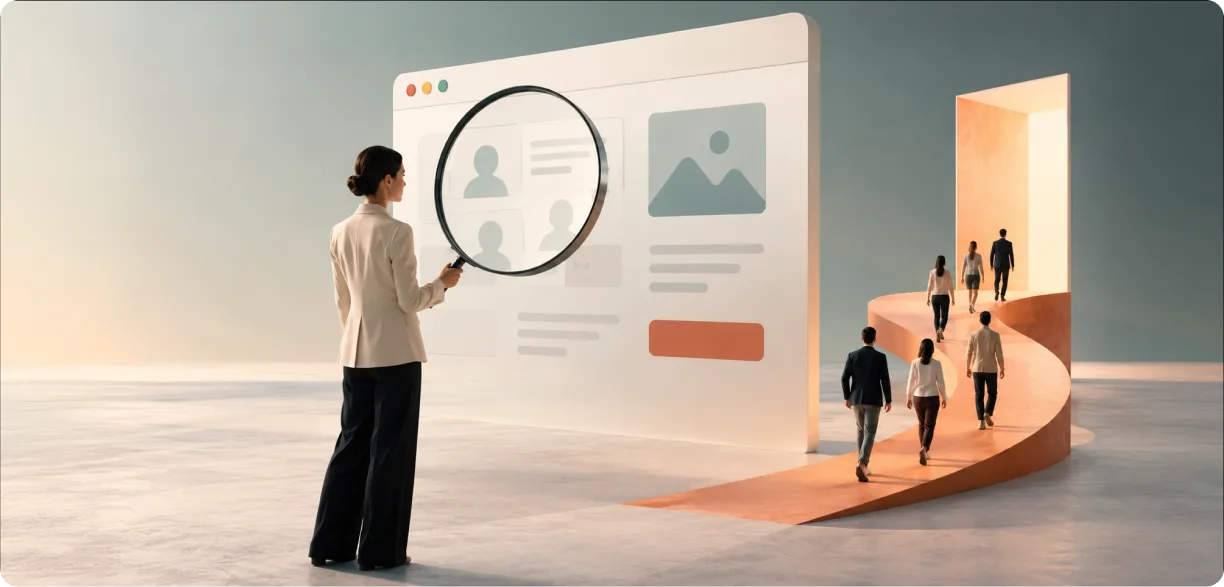 UX audit illustration showing users leaving a conversion funnel and a designer inspecting the friction point