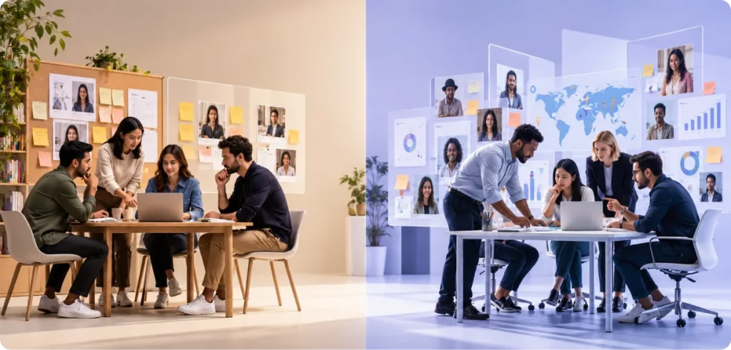 in-house user research team compared with a user research agency, with a hybrid model connecting both