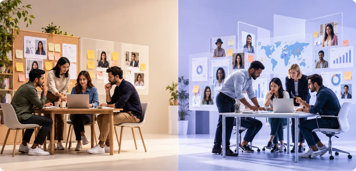 in-house user research team compared with a user research agency, with a hybrid model connecting both