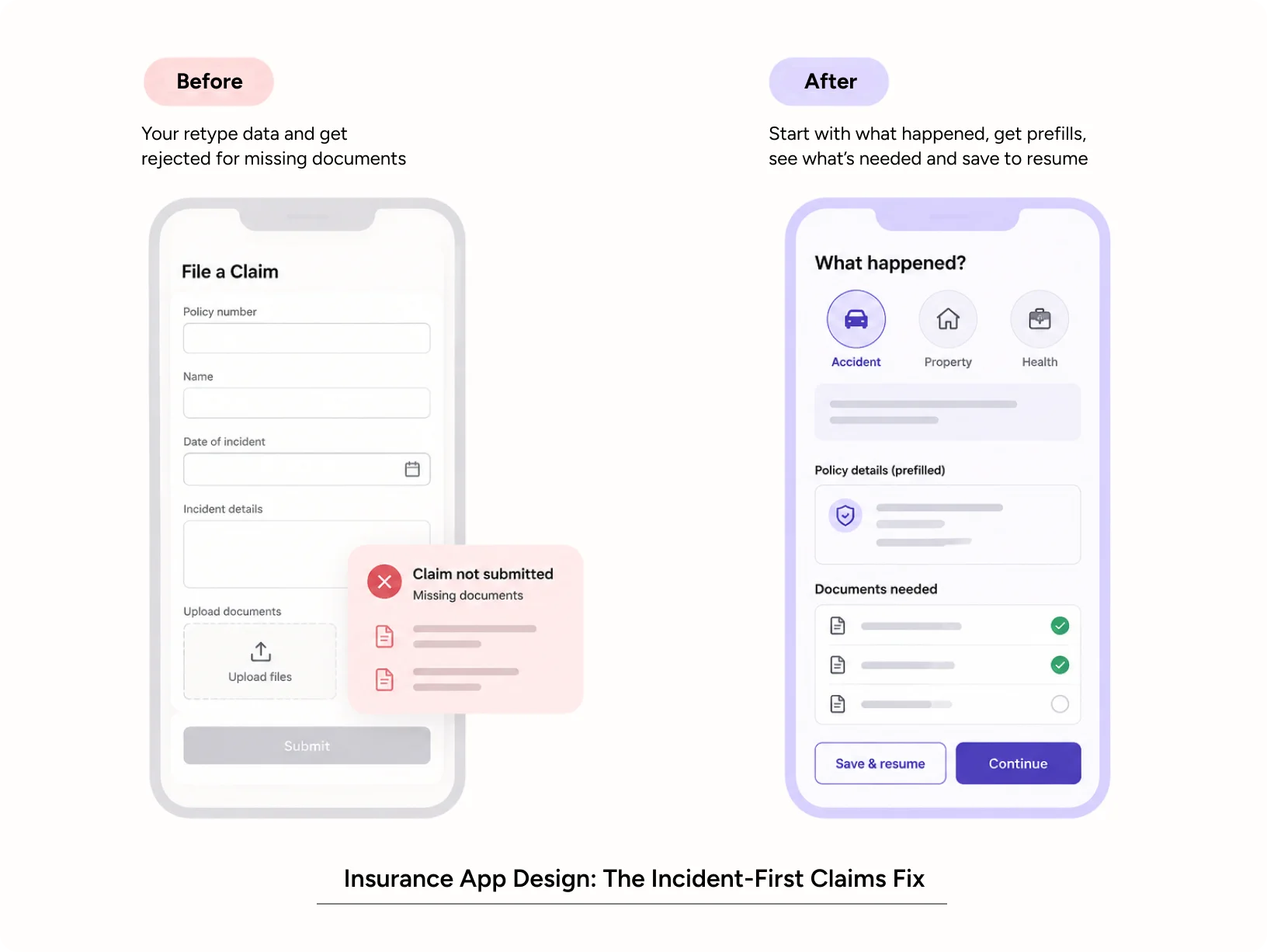 insurance app design before and after of a simplified claim submission flow